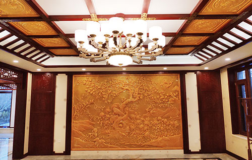 亳州中式别墅客厅中式木作横梁吊顶装饰展示